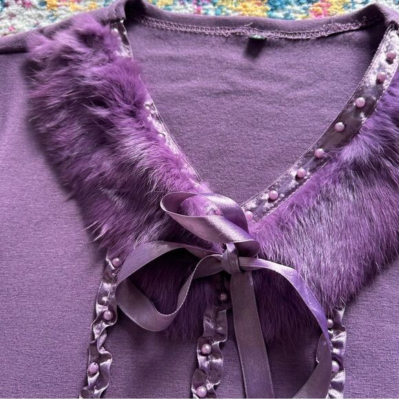 90s Purple Coquette Sweater with Genuine Fur Trim & Ribbon Details — S/M - Picture 5 of 5